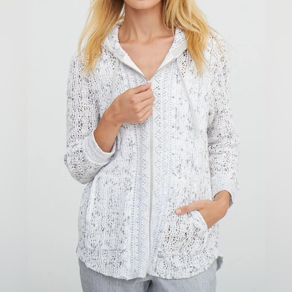 Nic + Zoe (XS) Sweetling Grey Open Knit Crochet Lightweight Zip Hoodie Sweater